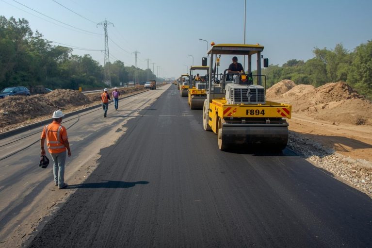 Highway road construction site in India, rollers compacting asphalt, excavators leveling soil, engineers overseeing project, ultra-realistic wide shot.