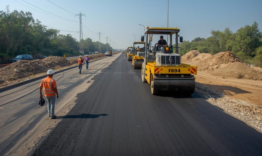 Highway road construction site in India, rollers compacting asphalt, excavators leveling soil, engineers overseeing project, ultra-realistic wide shot.